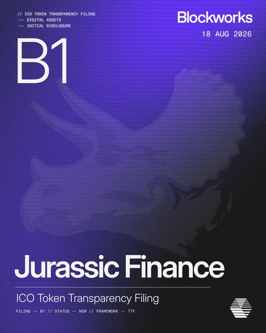 A Blockworks ICO Token Transparency Filing card dated 18 AUG 2026 marks Jurassic Finance's B-1 filing as fully complete under the TTF framework, alongside a $RAWR token launch. The dinosaur silhouette visually reinforces the brand's prehistoric theme for their asset-tokenization model.