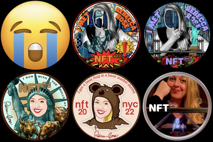 A collection of six NFT-related images including a crying emoji, comic-style art, and various Rebecca 'NFT NYC' themed digital collectibles.