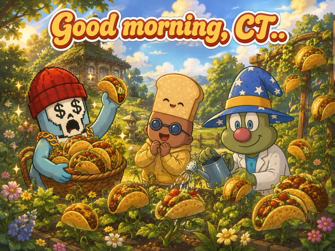 A colorful cartoon illustration showing three characters—a blue figure with a money-bag head, a taco-headed chef, and a green wizard—surrounded by tacos in a garden, with the text 'Good morning, CT..' at the top.