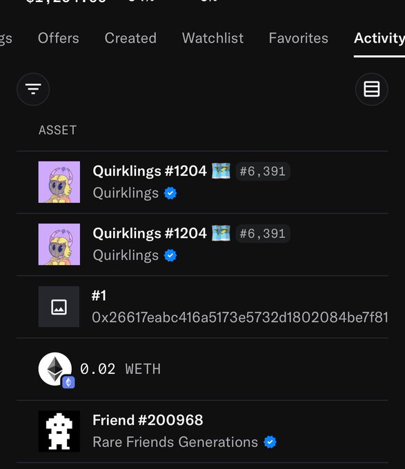 A screenshot of OpenSea activity showing the theft of "Quirklings #1204" and "0.02 WETH," illustrating the losses the user suffered in the hack they described.