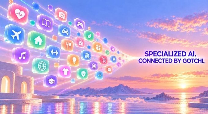 A promotional graphic for Gotchi with the text 'SPECIALIZED AI. CONNECTED BY GOTCHI,' featuring colorful 3D app icons flowing toward a horizon over water at sunset.