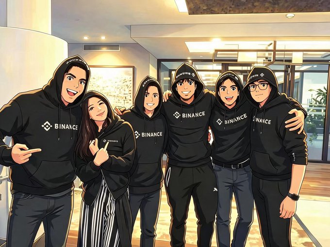 An anime-style illustration showing six people wearing matching black 'BINANCE' branded hoodies posing together in a modern indoor setting.