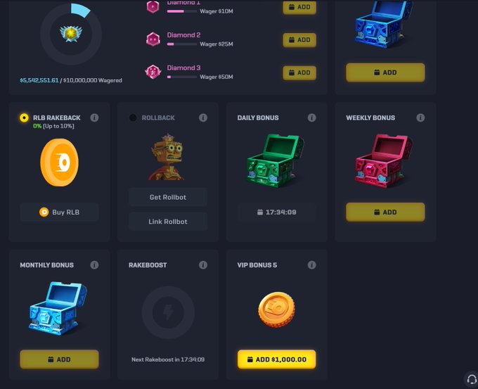 The image displays Rollbit's VIP bonus and rewards interface, featuring a highlighted "VIP BONUS 5" offering "ADD $1,000.00" alongside other perks like daily/weekly/monthly bonuses, RLB Rakeback, and tiered membership levels (Diamond 1-3 with wagering requirements of $10M-$50M). This directly supports the caption by showcasing the VIP loyalty program that rewards active play with a $1,000 bonus.