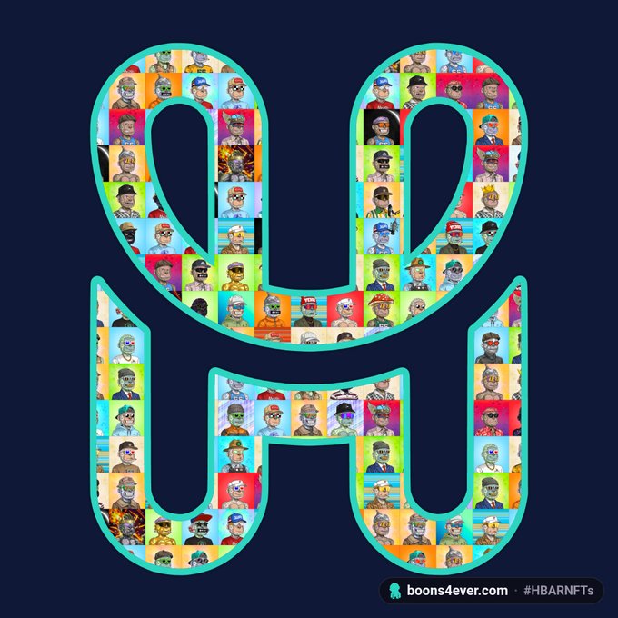 A teal-outlined "HBAR" logo filled with a colorful collage of Bored Ape NFT portraits is displayed on a dark navy background, with the text "boons4ever.com · #HBARNFTs" in the bottom right corner, illustrating the intersection of HashPack's HBAR cryptocurrency and the Bored Ape Yacht Club NFT community.