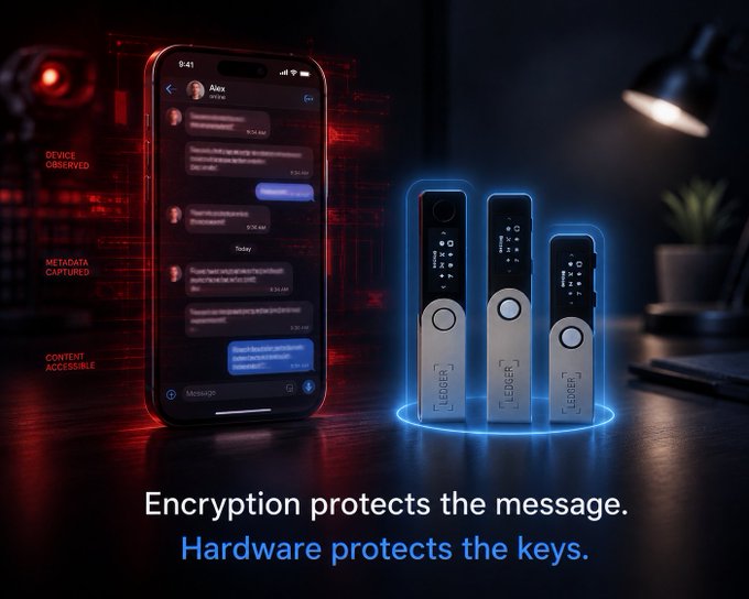 A Ledger hardware wallet advertisement showing USB security keys and a phone with a messaging app, captioned 'Encryption protects the messages. Hardware protects the keys.'
