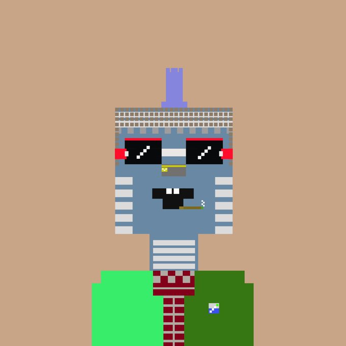 A pixel art illustration of a blue-skinned character with sunglasses, a green shirt, and a red plaid tie against a solid tan background.