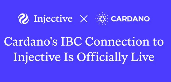 A blue promotional graphic announcing that Cardano's IBC Connection to Injective is officially live, featuring the Injective and Cardano logos.