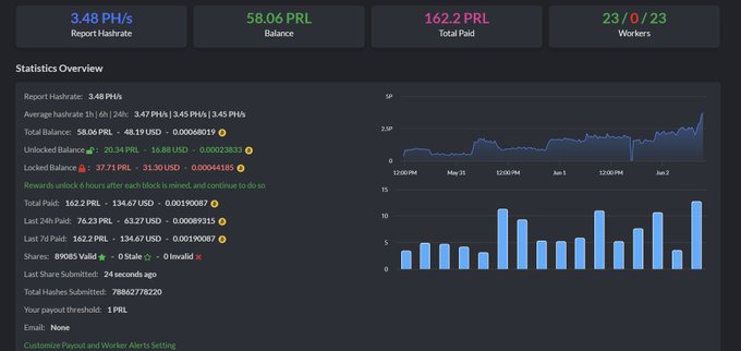 The image shows a screenshot of a computer screen displaying a detailed view of a website called "Pearl.io" with information about pearl mining, including a list of pearls available for purchase. The website also provides tips on pearl hunting and offers a free account option. The image is accompanied by text that reads: 
"继续干普池矿池20年比p池 a池野鸡池稳定 pearl.luckypool.io/how-to-mine #prl #pearl".