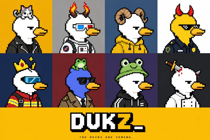 A promotional graphic for 'DUKZ' NFT collection featuring eight pixel art duck characters with various accessories, with the tagline 'THE DUCKS ARE COMING.'