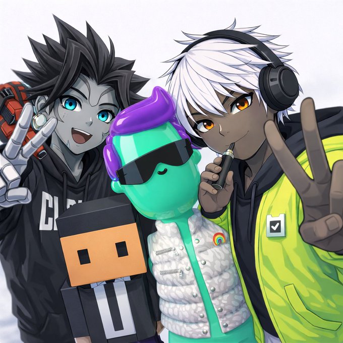 An anime-style illustration features two characters—one with black spiky hair and blue eyes, another with white hair and headphones—posing with a small robot and a green figure.
