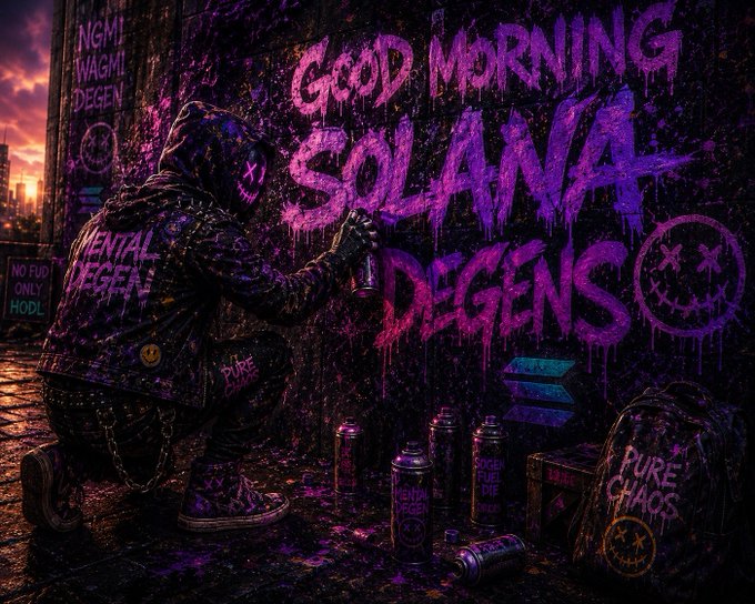 The image features a person wearing a hoodie, sitting down next to a wall covered with graffiti. The graffiti includes words like "Good morning" and "solana degen", as well as other phrases related to mental health and emotions. The person appears to be engaged in painting or writing on the graffiti-covered wall, possibly expressing their thoughts or feelings about these topics.