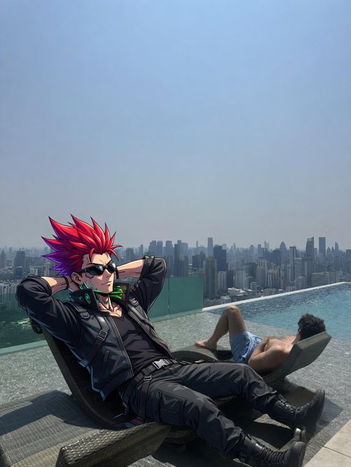 An anime-style character with spiky red and purple hair and sunglasses relaxes on a rooftop lounge chair beside a pool overlooking a city skyline, while another person suns themselves nearby. The laid-back, confident pose visually reinforces the post's theme of AI executing decisions within user-defined boundaries—suggesting calm, controlled control over complex systems.