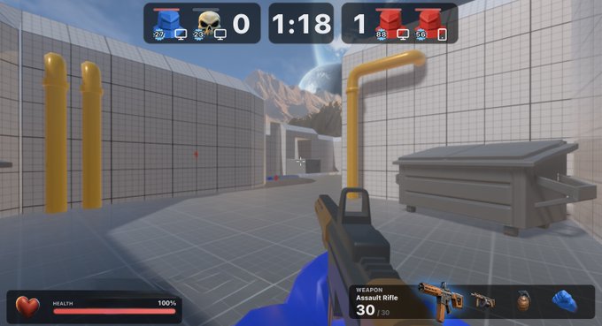 First-person shooter video game scene showing a player holding an assault rifle (30/30 ammo) in a tiled arena with yellow pipes, a dumpster, and a scoreboard reading 0:1:18 with scores 0-1, and 100% health.