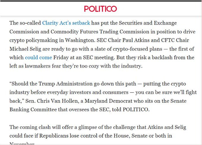 A POLITICO news article excerpt about the Clarity Act's setback, discussing how SEC Chair Paul Atkins and CFTC Chair Michael Selig are prepared to drive crypto policymaking, with a quote from Sen. Chris Van Hollen about potential backlash.