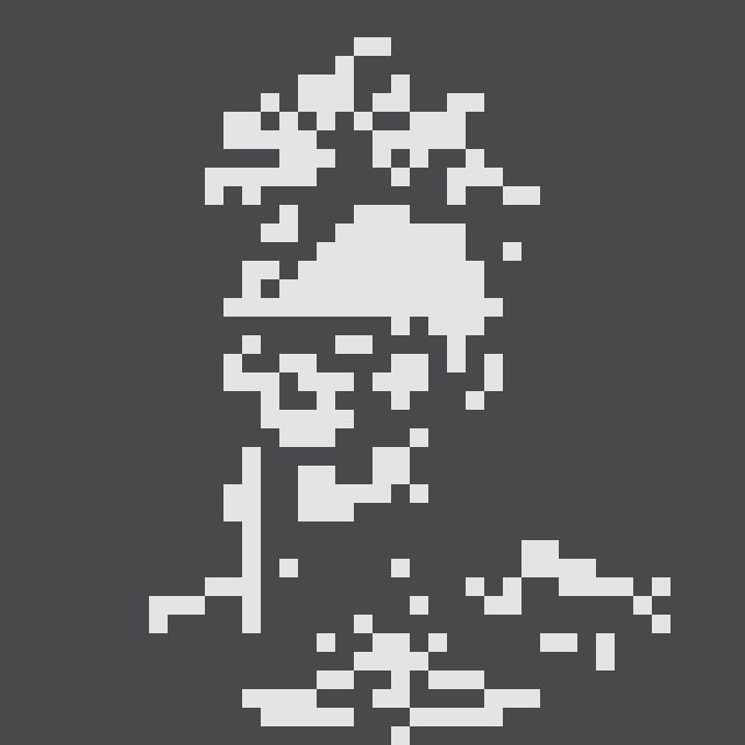 A pixel art portrait of a man with dark hair and a beard, rendered in a blocky, retro video game style against a dark blue background.