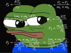A Pepe the Frog meme with half-lidded eyes overlaid with various physics and thermodynamics equations.