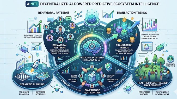 The image features a large map of an ecosystem with various components such as human interaction points or cognitive elements like people using their minds for problem-solving. It also shows different graphs, charts, and other visual aids that demonstrate the interconnectedness and complexity of the ecosystem. In the background, there is text related to Predictive Intelligence which seems to be a part of AINFT's project description. There are three smaller images or icons visible on the left side of the image.