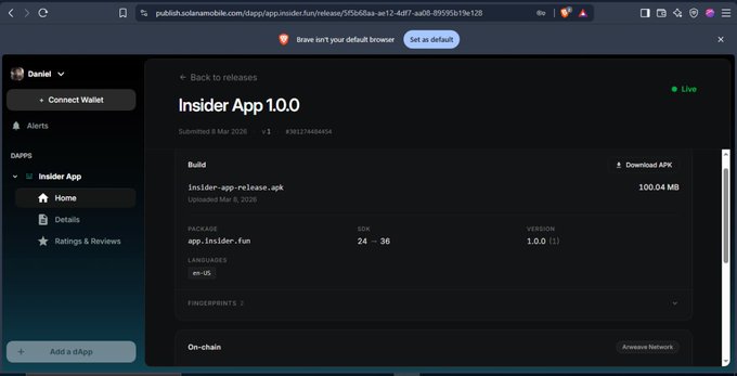 A browser screenshot shows the Solana dApp Store with the 'Insider App 1.0' release page, listing APK build details and submitted by Daniel on 9 Mar 2026.