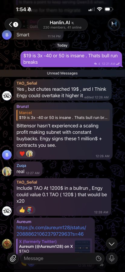 A Telegram chat screenshot from the 'Hanlin.AI' group discussing cryptocurrency, with messages referencing 'TAO_Serial', 'Brunzl', 'Zuqa', and 'Aureum' debating TAO token valuation and Bittensor subnets.