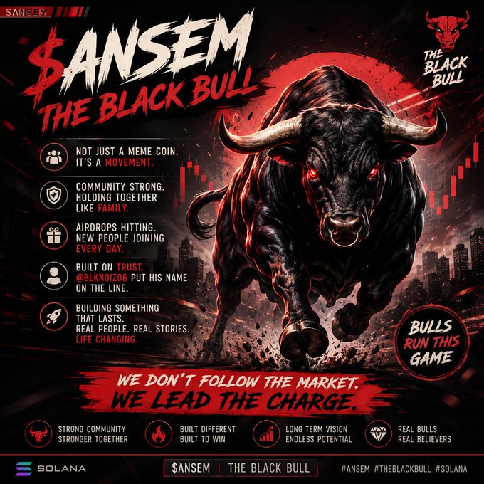 A promotional graphic for '$ANSEM THE BLACK BULL' featuring a charging black bull, with text highlighting community strength, airdrops, and trust, marked as a Solana-based project.