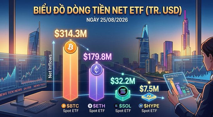 An infographic titled "BIỂU ĐỒ DÒNG TIỀN NET ETF (TR. USD)" dated 25/08/2026, showing net inflows for spot ETFs: $BTC ($314.3M), $ETH ($179.8M), $SOL ($32.2M), and $HYPE ($7.5M).