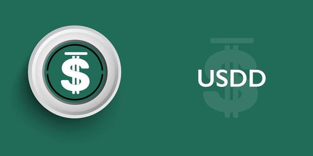 A green graphic featuring a USDD cryptocurrency coin with a dollar sign icon on the left and the 'USDD' logo on the right.