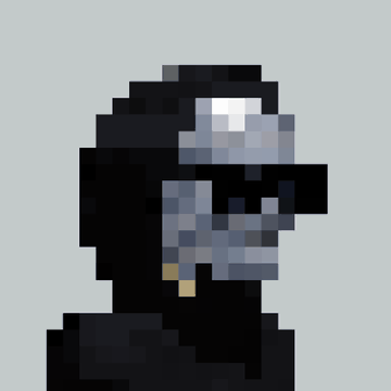 Pixel art rendering of a figure in dark clothing with a metallic, robotic-looking mask or face.