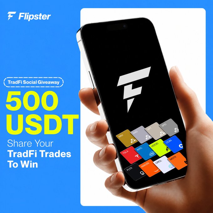 A promotional image for Flipster's "TradFi Social Giveaway" features a hand holding a smartphone displaying the Flipster app with various trading tickers (BTC, ETH, SOL, INJ, DOGE, SAND, ORDI, and others), alongside bold yellow text advertising a 500 USDT prize pool for traders who share their 20× leverage trades on TradFi platforms.