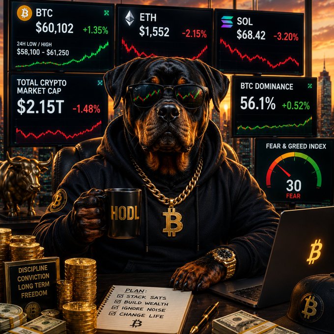 A Rottweiler in a black hoodie and Bitcoin chain holds a "HODL" mug surrounded by market screens showing BTC at $60,102, ETH at $1,552, SOL at $68.42, total crypto market cap at $2.15T, BTC dominance at 56.1%, and a Fear & Greed Index of 30, visually reinforcing the post's summary of current crypto prices and market sentiment.