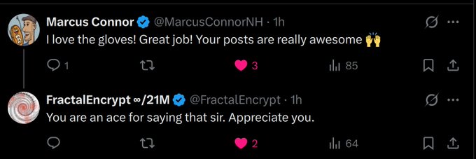 Two Twitter/X posts from Marcus Connor and FractalEncrypt giving positive feedback with comment counts and engagement metrics visible.