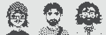 Three vertical pixel-art towers or rocket-like structures in dark blue and white on a light gray background.