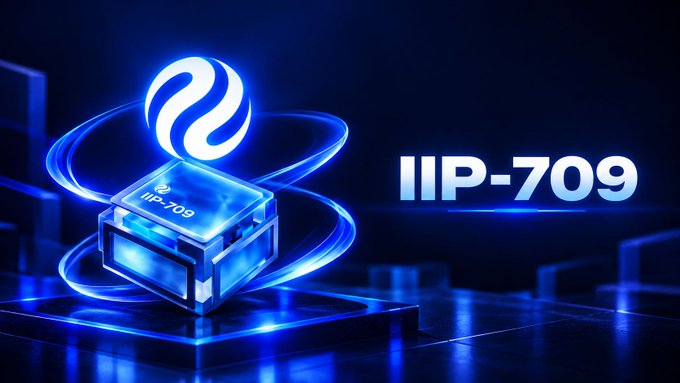 A promotional graphic for "IIP-709" displaying a glowing blue 3D box with an infinity-like symbol hovering above it against a dark blue background.