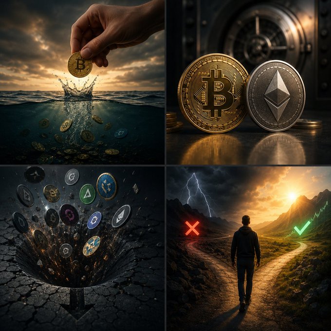 A collage of four images, including a hand holding a Bitcoin coin, a waterfall, a mountain range, and a person walking on a path with a lightning bolt, all set against a sunset sky.
