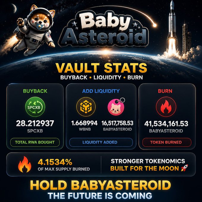 The image shows a poster for a video game called "Baby Asteroid". The poster features a cartoon character dressed as an astronaut, holding a rocket ship, with the title of the game displayed at the top. Below this, there are three bullet points providing information about the game's status and its relation to the post:
1. Baby Asteroid is coming soon.
2. The future is coming.
3. Hold Baby Asteroid the future is coming.