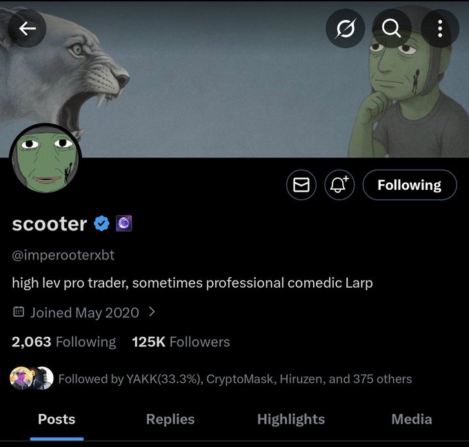 The image shows a social media post from someone named @imperooterxbt with a green and white cartoon face as an avatar. They have posted a Twitter account that was created for high leva pro trader purposes, and they also shared some information about a recent news story. The post is currently in the "following" section of their Twitter profile.