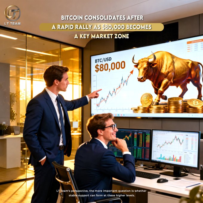 The image shows two analysts in a modern office setting analyzing a large screen displaying "BTC/USD $80,000" with a bullish golden bull, upward price chart, and stacked Bitcoin coins. The caption reads: "BITCOIN CONSOLIDATES AFTER A RAPID RALLY AS $80,000 BECOMES A KEY MARKET ZONE," with a footer noting that stable support at these higher levels is the key question.

Notably, the image content doesn't match the accompanying post about XRP's 7% decline—the image depicts Bitcoin at $80,000 with bullish momentum, while the post discusses XRP correction and selling pressure, suggesting a possible mismatch between visual and text content.