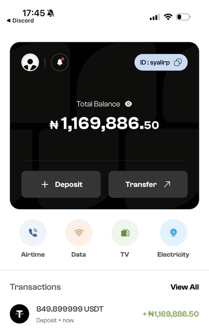 A mobile wallet app screenshot displaying a Total Balance of ₦1,169,886.50 NGN for user 'syallrp', showing deposit and transfer options along with utility payment choices for Airtime, Data, TV, and Electricity.
