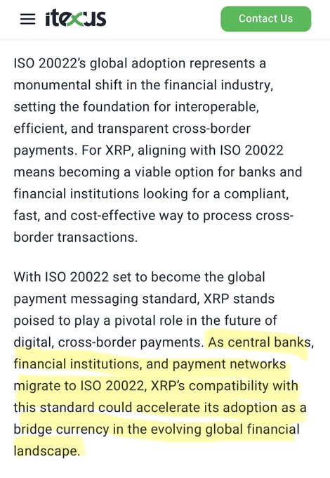 xtopus has been used as a reference for this image, showing that there is an active webpage with the content displayed. The primary focus of the image is "THE ADOPTION OF ISO 20022 BY CENTRAL BANKS --> ACCELERATES XRP'S ADOPTION AS A BRIDGE CURRENCY Documented." The text in the image includes a description of a document, stating that it was created by CentraBank at ITECIS on November 5th. The image also contains two bullet points explaining what an ISO 20022 is and why it matters for XRP's adoption.