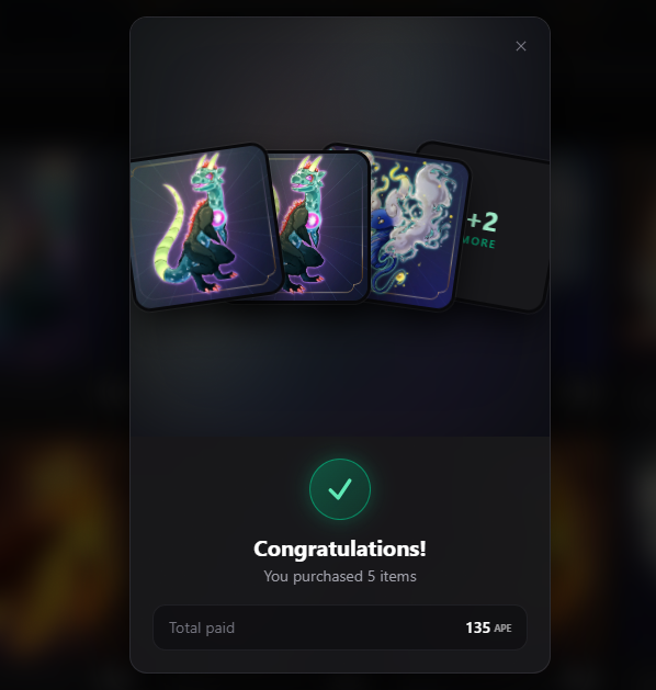 A digital purchase confirmation screen showing 'Congratulations! You purchased 5 items' with a total of '135 APE', displaying fantasy creature cards with a '+2 MORE' indicator.