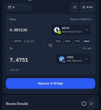The image shows a cryptocurrency bridging interface displaying a conversion of 0.003138 WETH (WETH on Robinhood Chain, valued at $7.54) into 7.4751 USDC on ARC Mainnet (valued at $7.47), with an "Approve & Bridge" button below. This directly illustrates the post's reference to "$7 and a dream" and welcoming @arc, as the user is actively bridging funds to the newly mentioned ARC Mainnet network in preparation for minting activities.
