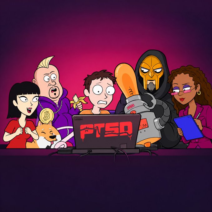 Cartoon-style illustration of various characters gathered around a laptop displaying 'PTSQ', including a punk with a doge coin medallion and a hooded figure with a mechanical arm.