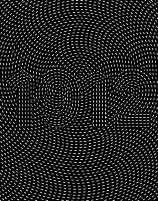 A black and white optical illusion with concentric dot patterns that creates a wave-like visual distortion effect.