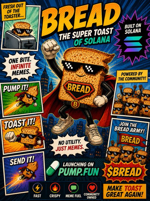 A vibrant meme-style promotional poster advertises '$BREAD', the 'Super Toast of Solana' built on Solana and launching on Pump.fun, featuring a superhero toast character with sunglasses and slogans like 'One Bite. Infinite Memes' and 'Make Toast Great Again'.