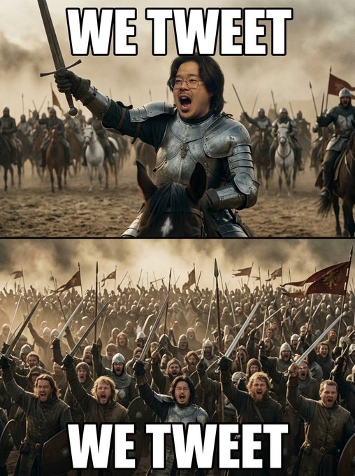 A meme featuring two panels depicting a medieval battle scene with an Asian man's face edited onto a knight on horseback and leading an army, with the text "WE TWEET" displayed prominently in both panels.