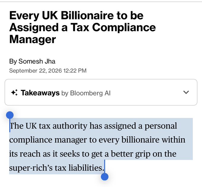 A Bloomberg news headline: "Every UK Billionaire to be Assigned a Tax Compliance Manager" by Somesh Jha, dated September 22, 2026.