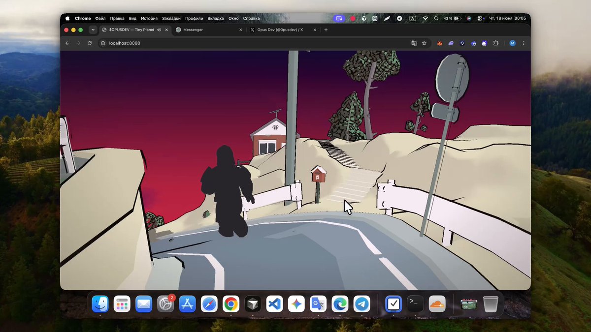 The image shows a computer screen displaying an animated scene of a person walking down a street next to a house. The background features a mountain landscape with trees, giving the impression that the person might be walking through a forest or along a path near a house. The text in the image reads "I am happy with the result today, very soon @solanagaming @solana_devs". This suggests that someone has created this animated scene and is excited about its outcome.