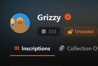 A profile page for 'Grizzy' NFT collection showing 333 items and an 'Unsealed' status badge, with tabs for Inscriptions and Collection.