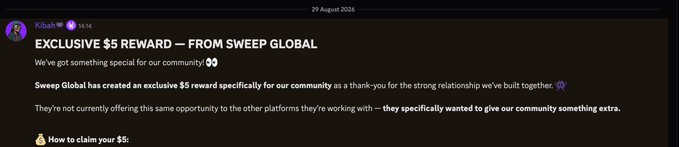 A Discord post by Kbah announcing an exclusive $5 reward from Sweep Global for the community.