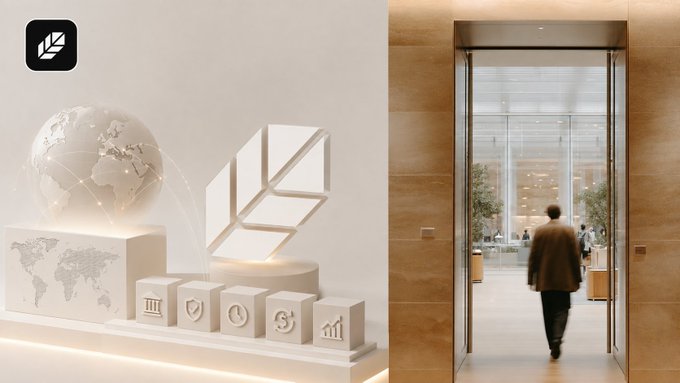 An architectural rendering of a modern interior space showing a globe sculpture and geometric logo display near an entrance where a person is walking through a doorway.
