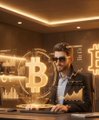 A young man sits in a dimly lit space surrounded by glowing Bitcoin logos and holographic cryptocurrency charts, holding a device while bathed in golden light.